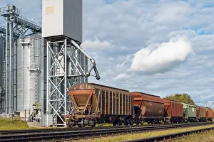 Harvesting Grain Drucke: Loading railway carriages with grain at grain elevator