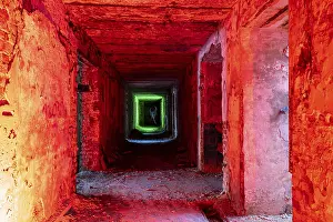 Empty Cellar Space Drucke: Long dark cellar corridor