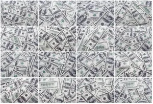 US American Paper Money Drucke: Lots of dollar notes arranged in chaotic manner