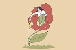 Drucke von Konzept für Selbstliebe und -pflege. Junge glückliche Frau sitzt in Blumen und gießt sie, nimmt sich selbst pflegend vor. Vektor-Illustration Abstrakte Vektor-Hintergrundgrafik für Wandkunst Minimalistische Kunstwerke Drucke: Selbstliebe und Selbstfürsorge-Konzept.