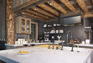 Still Life Food Photography Studio Drucke: Luxurious rustic fully equipped log cabin kitchen
