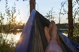 Scandinavian Evening Landscape Drucke: Lying in a hammock at sunset on Lake Tranusjon