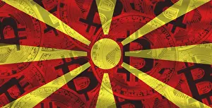 Nordmazedonien Drucke: Mazedonische Flagge mit Bitcoins im Hintergrund