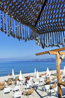 Mediterranean Sea View Drucke: Macrame parasol with fringes, boho chic style