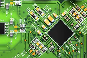 Macro Close up of components and microchips on PC circuit board