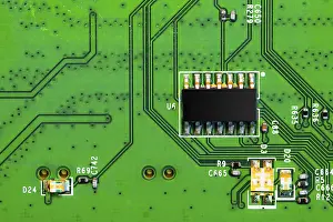 Macro Close Up Drucke: Macro Close up of components and microchips on PC circuit board