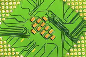 Macro Electronic Components Drucke: Macro Close up of microchips and pins on Main CPU PC processor circuit board