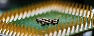 Macro Electronic Components Drucke: Macro Close up of microchips and pins on Main CPU PC processor circuit board