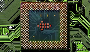 Microchip Close Up Drucke: Macro Close up of microchips and pins on Main CPU PC processor circuit board