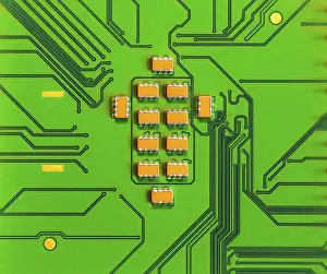 Electronic Component Detail Drucke: Macro Close up of microchips and pins on Main CPU PC processor circuit board