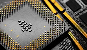 Close Up Computer Hardware Drucke: Macro Close up of RAM Memory and pins on Main CPU PC processor circuit board