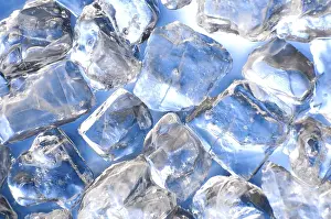 Frozen Landscape Photography Drucke: Macro of ice cubes in a blue bin