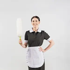 Hygienic Household Chores Drucke: Maid with duster smiling