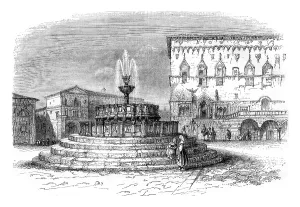 Drucke von Das Hauptplatz von Perugia, einer Stadt des kirchlichen Staates, antike illustrierte Gravur. Magasin Pittoresque 1845 Perugia Drucke: Der Hauptplatz von Perugia, einer Stadt des Kirchenstaates.