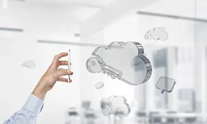 Modern Interior Design Drucke: Male hand with smartphone and cloud computing concept in modern interior
