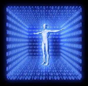 Computer Graphic Image Drucke: Man in a futuristic room made from binary code