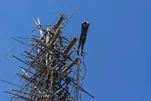 Vanuatu Drucke: Ein Mann springt von einem Bambus-Turm.