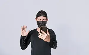 Symbolic Picture Of Progress Drucke: Man making video call isolated