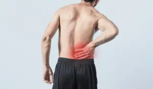 Back Problems Drucke: Man with back problems, shirtless man with back problems on isolated background