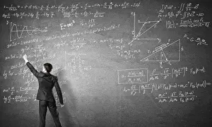 Scientific Research Drucke: Man in suit standing with back and drawing physics formulas