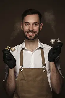 Handicraft Worker Drucke: Manicur master man in working form with tools in hand