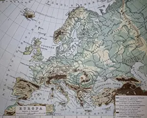 Historical Map Of Europe Drucke: Map from 1890, elevation map of Europe
