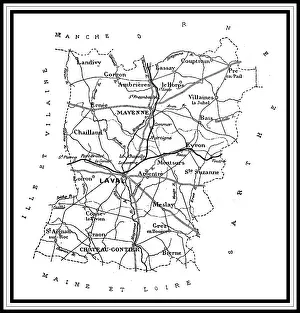 Drucke von Karte des Departements Mayenne, altgravurte Illustration. Journal des Voyages, Reisejournal, (1879-80) Ländliche Gemälde Auf Dem Land Drucke: Karte des Départements Mayenne