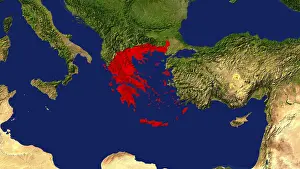 European Geography Maps Drucke: Map, Greece highlighted red