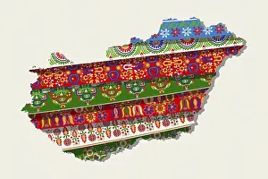 Drucke von Ein farbenfrohes Panorama der ungarischen Kultur - Diese dekorative Vektor-Karte zeigt die Landschaft Ungarns mit einer Vielzahl von ethnischen Mustern und Texturen Karte Drucke: Ethnische Muster bedeckende Landkarte Ungarns