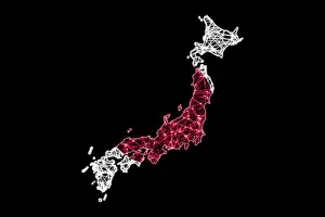 Drucke von Karte von Japan, Polygongitterlinienkarte, Flaggenkarte Karte Drucke: Karte von Japan, Polygon-Netzlinienkarte, Flaggenkarte.