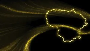 Dark Background Maps Drucke: Map of Lithuania, Gold glitter map on dark background