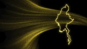 Drucke von Karte von Myanmar, Goldglitzerkarte auf dunklem Hintergrund Karte Drucke: Karte von Myanmar, Goldglitzerkarte auf dunklem Hintergrund.