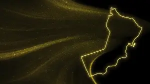 Dark Background Maps Drucke: Map of Oman, Gold glitter map on dark background
