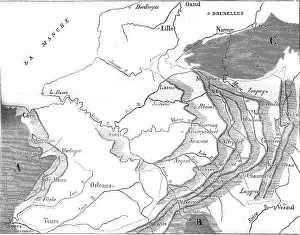 Drucke von Ein altes Geologiemap des Pariser Beckens, das die geologische Struktur der Region um Paris zeigt Karte Drucke: Parisbecken, geologische Karte
