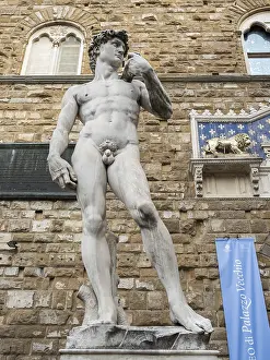 Drucke von Marmorskulptur David von Michelangelo vor Palazzo Vecchio, Piazza della Signoria, Florenz, Italien Michelangelo Buonarroti Drucke: Marmorskulptur David von Michelangelo vor dem Palazzo Vecchio.