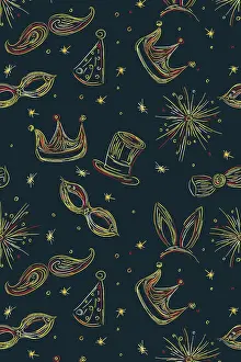 Starry Night Sky Picture Drucke: Mardi Gras pattern, vector illustration with fireworks