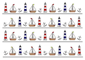 Leuchttürme Drucke: Maritime-Muster mit Schiff, Leuchtturm und Anker.