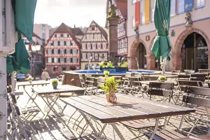 Easter Decorations In Germany Drucke: Market square with tables, Easter decorations