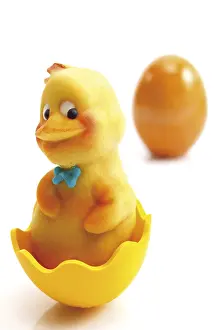 Still Life Studio Shot Drucke: Marzipan chick in yellow plastic egg shell