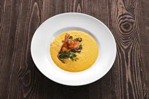 Organic Vegetable Dish Drucke: Mashed pumpkin soup puree with bacon