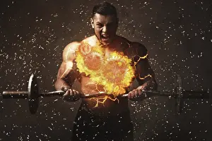 Fitness Motivation Image Drucke: Massive screaming bodybuilder with a burning cogwheels inside his torso