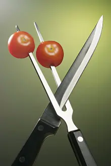 Tomato Nutrition Drucke: Meat fork holding tomatoes
