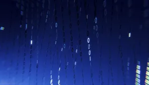 Futuristic Design Concept Drucke: A 3D rendered illustration of binary code floating across a gradient blue background