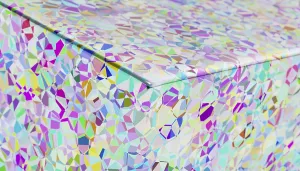 Vibrant Abstract Art Drucke: This digital artwork features a mesmerizing array of iridescent geometric patterns rendered in 3D