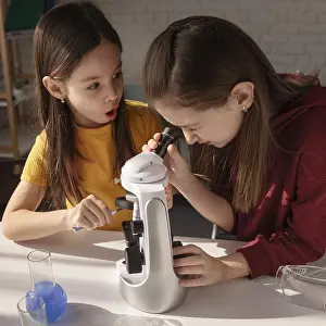 Scientific Experimentation Drucke: Medium shot girls learning with microscope