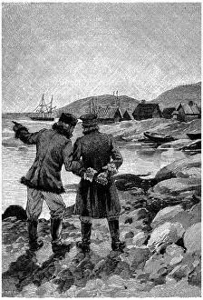 Drucke von Zwei Männer unterhalten sich am Ende des Hafens, eine nostalgische Illustration aus dem Jahr 1890 Jules Verne Drucke: Zwei Männer sprechen am Ende des Hafens