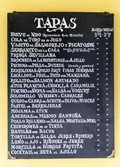 Southern Europe Food Scene Drucke: Menu with different tapas at a tapas bar