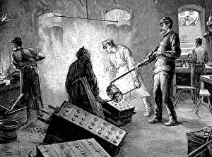 Industrial Manufacturing Process Drucke: Metalworking, Men casting bronze
