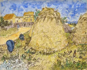 Drucke von Meules de ble (1888), Weizenhaufen oder Heustock, ein berühmtes Wasserfarbenbild von Vincent van Gogh aus dem Jahr 1888, das eine Ernte-Landschaft in der Provence darstellt Landschaftliche Gemälde Drucke: Meulen von Weizen (1888), Scheuer oder Heuschober.