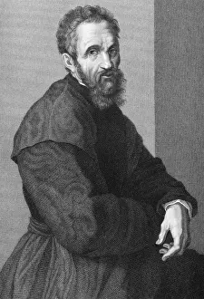 Drucke von Michelangelo (1475-1564) auf Kupferstich von 1841. Italienischer Renaissance-Maler, Bildhauer, Architekt, Dichter und Ingenieur Michelangelo Buonarroti Drucke: Michelangelo (1475-1564) auf Kupferstich von 1841.